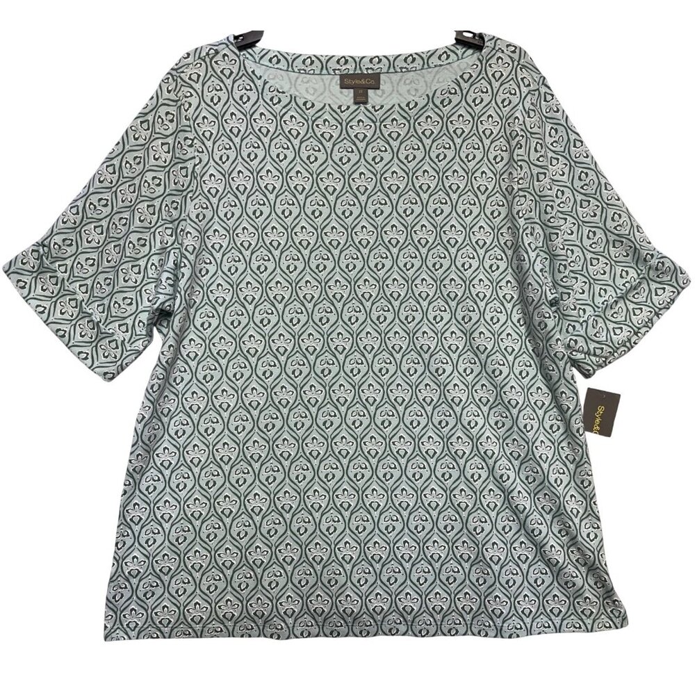 Style & Co Plus 2X Minty Turquoise Elbow Sleeve Tee Shirt 60% Cotton 40% Polyest